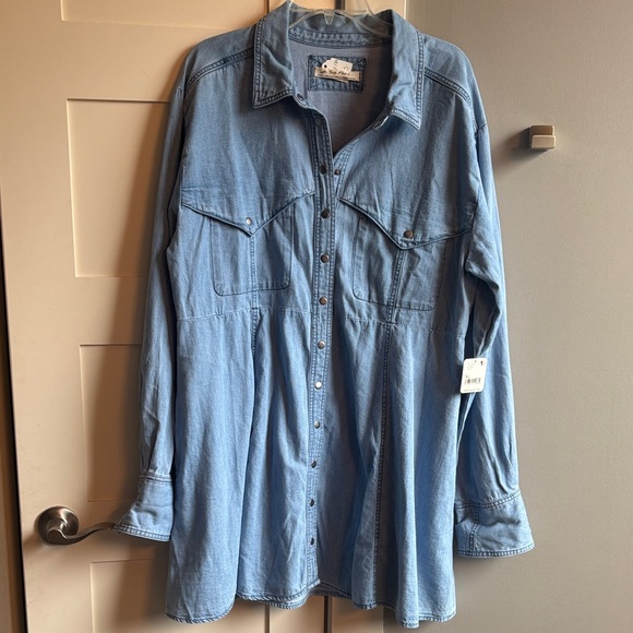 We The Free XL Free People blue Jean denim dress with snaps NWT $148 western - Picture 1 of 9